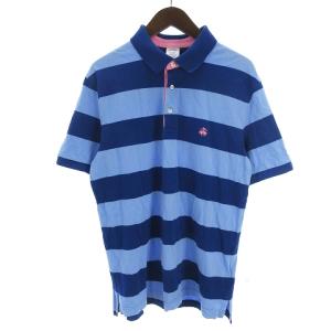 Slim fit ポロシャツ カットソー 半袖 鹿の子 コットン ロゴ 刺繍 フロントボタン ボーダー 10056179 青