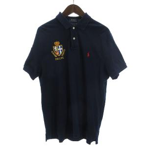 POLO RALPH LAUREN スリムフィット ポロシャツ カットソー 半袖 コットン フロントボタン ロゴ 刺繍 紺 ネイビー L SM0