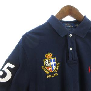 POLO RALPH LAUREN スリムフィット ポロシャツ カットソー 半袖 コットン フロントボタン ロゴ 刺繍 紺 ネイビー L SM0