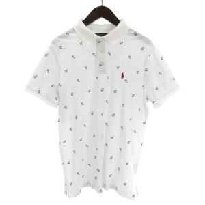 スリムフィット ポロシャツ カットソー 半袖 ストレッチメッシュ コットン マリン イカリ ロゴ 刺繍 白 ホワイト L SM0