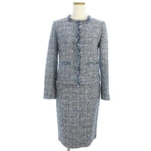 美品 セットアップ スーツ ジャケット シングル 総裏 タイトスカート ひざ丈 バックジップ ツイード 青 ブルー 36 SM0