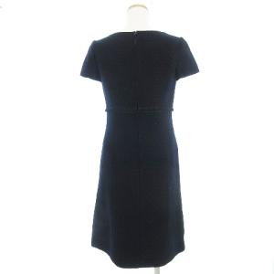 Harrods ワンピース キャップスリーブ ひざ丈スカート スクエアネック ウール シルク混 紺 ネイビー 2 SM0