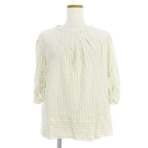 ROCHAS ロシャス カットソー 七分袖 シャーリング ストライプ 麻混 ライトベージュ 9 M位 SM0