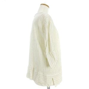 Leilian ROCHAS ロシャス カットソー 七分袖 シャーリング ストライプ 麻混 ライトベージュ 9 M位 SM0