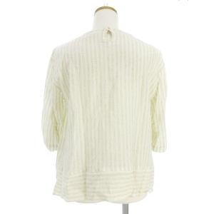 Leilian ROCHAS ロシャス カットソー 七分袖 シャーリング ストライプ 麻混 ライトベージュ 9 M位 SM0
