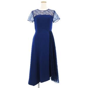19SS ワンピース ドレス ひざ丈 半袖 レース切替 アシンメトリー プリーツ 39235099 青 ブルー 36 SM0