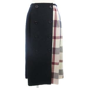 スカート ロング タック チェック切替 ウール ネイビー 紺 38 SM0