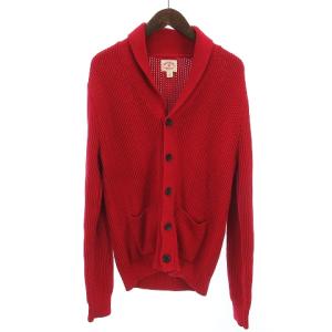 美品 ニットカーディガン 長袖 ショールカラー コットン 無地 赤 レッド S SM0