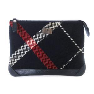 クラッチバッグ ポーチ 切替 ニット チェック レザー使い 紺 ネイビー SM0