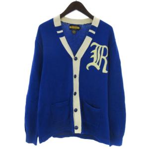 カーディガン レタード 前開き Vネック ロゴ ワンポイント 長袖 コットン 前ポケット XL 青 ブルー