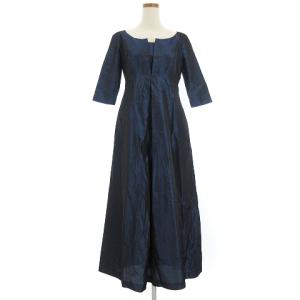 ワンピース 七分袖 ロング フレア 光沢 無地 シルク混 紺 ネイビー M