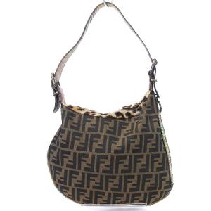 FENDI ショルダーバッグ ズッカ ハラコ 切替 レオパード ブラウン ブラック