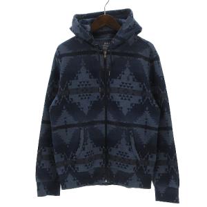 パーカー 長袖 ロゴ 刺繍 ネイティブ柄 紺 ネイビー M