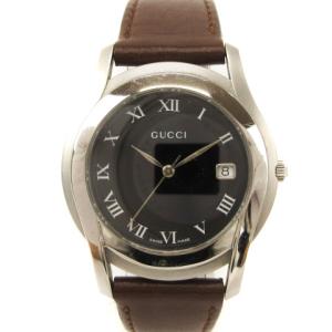 GUCCI 腕時計 クォーツ アナログ 3針 文字盤黒 ブラック ベルトレザー 5500 ブラウン ジャンク
