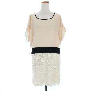 ワンピース ミニ シフォン レース 半袖 36 ベージュ