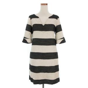 ワンピース 五分袖 フレアスリーブ リネン混 ボーダー ベージュ ブラック 36