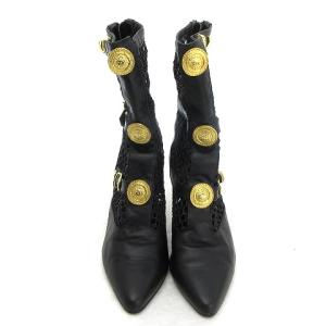 GIANNI VERSACE ブーツ サンバースト 金具 メッシュ レザー 黒 ブラック 36