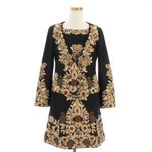 セットアップ ワンピース ひざ丈 総柄 ジャケット 上着 長袖 刺繍 コットン 黒 36