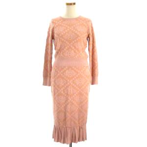 20SS セットアップ ニット カットソー スカート 刺繍 ミモレ丈 長袖 総柄 ピンク 36