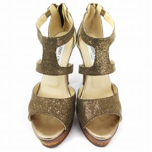 JIMMY CHOO サンダル プラットフォーム 厚底 アンクルストラップ スパンコール ウッド コルク 37 ゴールド