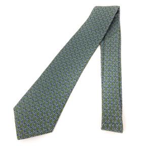 HERMES ネクタイ レギュラータイ 総柄 シルク100％ グリーン系