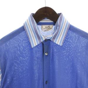 HERMES シャツ 長袖 異素材切替 ストライプ コットン100％ 青 ブルー L AA
