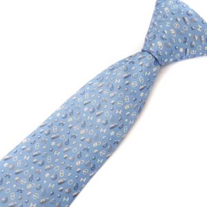 HERMES シェーヌダンクル Hロゴ総柄シルクネクタイ ライトブルー