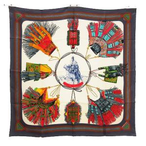 HERMES カレ90 砂漠の革飾り スカーフ シルク100% 総柄 マルチカラー