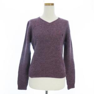ニット セーター 長袖 Vネック ロゴ ポニー 刺繍 ウール パープル M