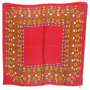 CHANEL スカーフ 大判 ココマーク シルク100％ 総柄 レッド 