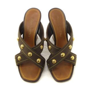 LOUIS VUITTON 金ボタンウェッジソールミュールサンダル 36 1/2 ブラウン