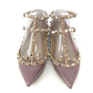 VALENTINO GARAVANI ロック スタッズ Tストラップ フラットシューズ パンプス パテントレザー パープル 38 