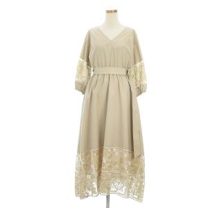 20SS ワンピース 長袖 Vネック ロング レース 刺繍 ベージュ系 36
