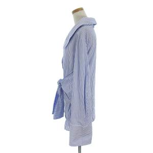 Off-White ブラウス シャツ 長袖 スキッパー 変形 ビッグシルエット フェイク腰巻き風 刺繍 ストライプ ブルー