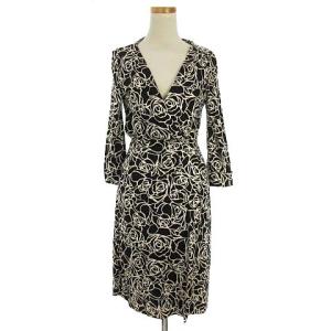 ラップワンピース カシュクール ひざ丈 花柄 バラ シルク100% 404-6140904 ブラック ホワイト 4