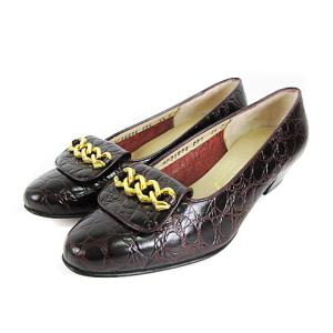 チェーン フラップ パンプス クロコ型押し レザー バーガンディ 4.5