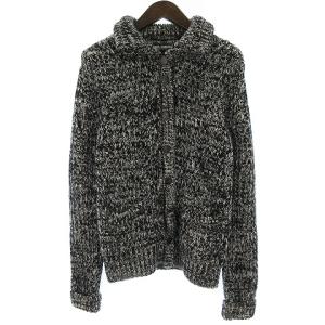 厚手 ニット カーディガン 長袖 ミックス コインボタン ミドルゲージ ウール ブラック ホワイト