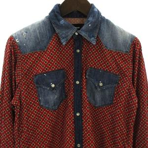 DSQUARED2 シャツ 長袖 デニム 切替 ペイント ダメージ加工 S74DL0794 レッド インディゴブルー