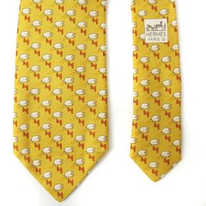 HERMES 美品 ネクタイ レギュラータイ シルク 羊柄 総柄 黄 イエロー 小物 IBO24 AA
