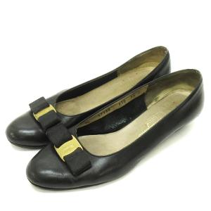 ヴァラ リボン パンプス チャンキーヒール ラウンドトゥ レザー ブラック 8.5