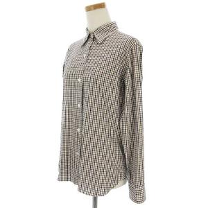 Aquascutum チェック シャツ ブラウス 長袖 刺繍 コットン ホワイト ブラウン系 3F IBO24