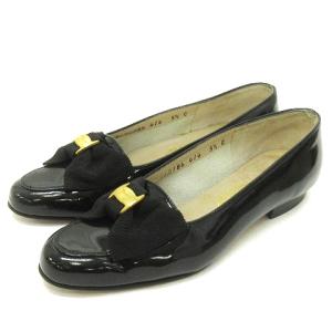 ヴァラ リボン パンプス ローファー ローヒール パテントレザー ブラック 5.5  IBO24