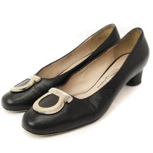ビッグガンチーニ パンプス レザー ラウンドトゥ 黒 ブラック 6.5 24cm 靴 IBO24
