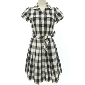 ギンガムチェック ワンピース ひざ丈 半袖 切替 フレア ウエストベルト 38 グレー IBO24