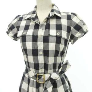BLUE LABEL CRESTBRIDGE ギンガムチェック ワンピース ひざ丈 半袖 切替 フレア ウエストベルト 38 グレー IBO24