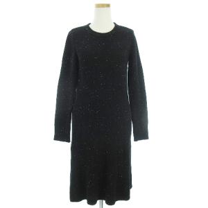 ニット ワンピース 長袖 ひざ丈 ネップ ロゴ ウール 黒 ブラック 38