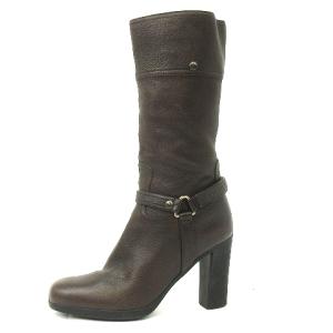 PRADA ミドルブーツ ハーネス ストラップ チャンキーヒール レザー 茶 ブラウン 35.5 靴