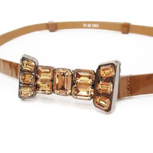 ベルト ビジュー リボン エナメル 牛革 ブラウン