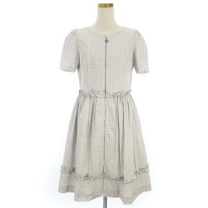 ワンピース ジップアップ 半袖 ひざ丈 チェック シアサッカー リボン グレー ホワイト系 38