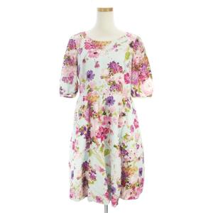 ワンピース ひざ丈 半袖 フレア シルク混 バックジップ W5J13-362-22 花柄 フラワー 水色 ピンク 40